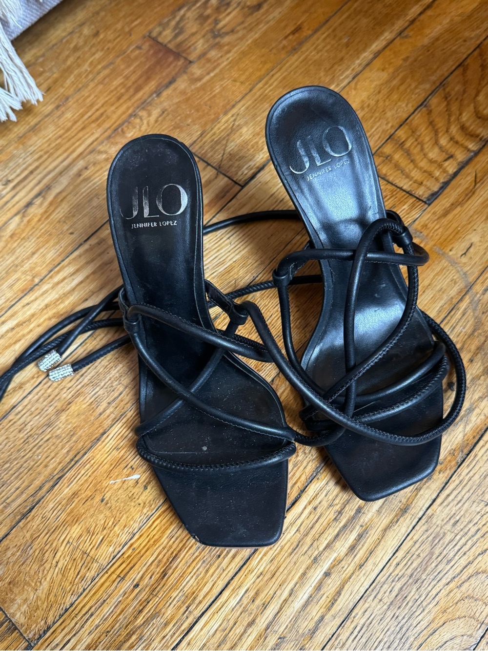 Jennifer Lopez Black Strappy Lace-Up Square-Toe Heels